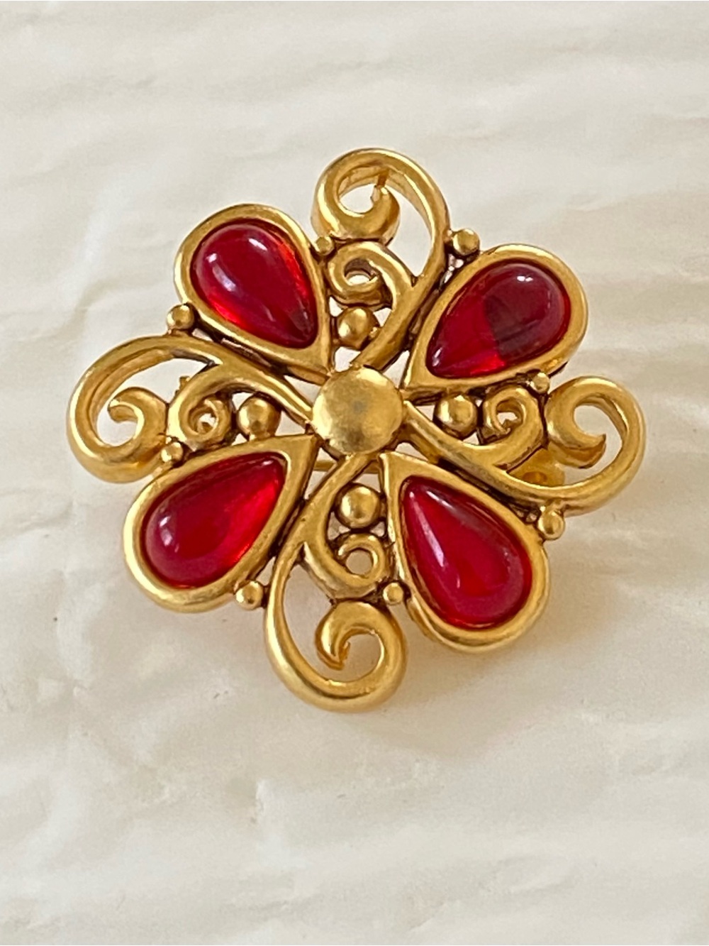 Gold-Tone Floral Brooch Trifari-inspired with Red Cabochon-style Accents